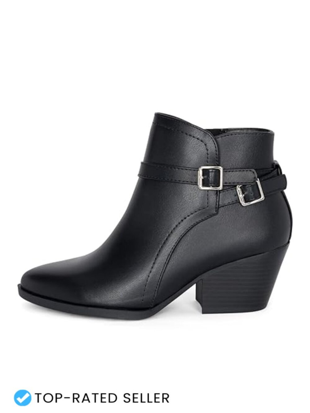 Western Stitch Pointy Toe Double Buckle Wood Stacked Heel Ankle Boots